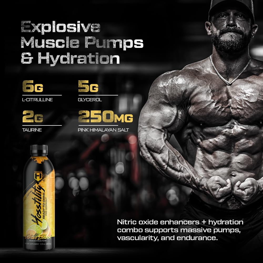 HOSSTILE Hosstility RTD Pre-Workout - Ready to Drink Pre Workout for Energy, Focus, Pump & Hydration, All-in-One Formula for Performance, Citrus
