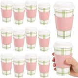 Fun Express 5 1/2" 16 oz. Sage & Pink Plaid Disposable Paper Coffee Cups with Lids & Sleeves - 12 Count