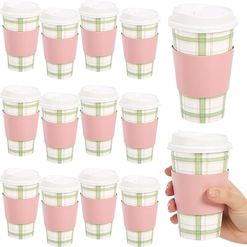 Fun Express 5 1/2" 16 oz. Sage & Pink Plaid Disposable Paper Coffee Cups with Lids & Sleeves - 12 Count