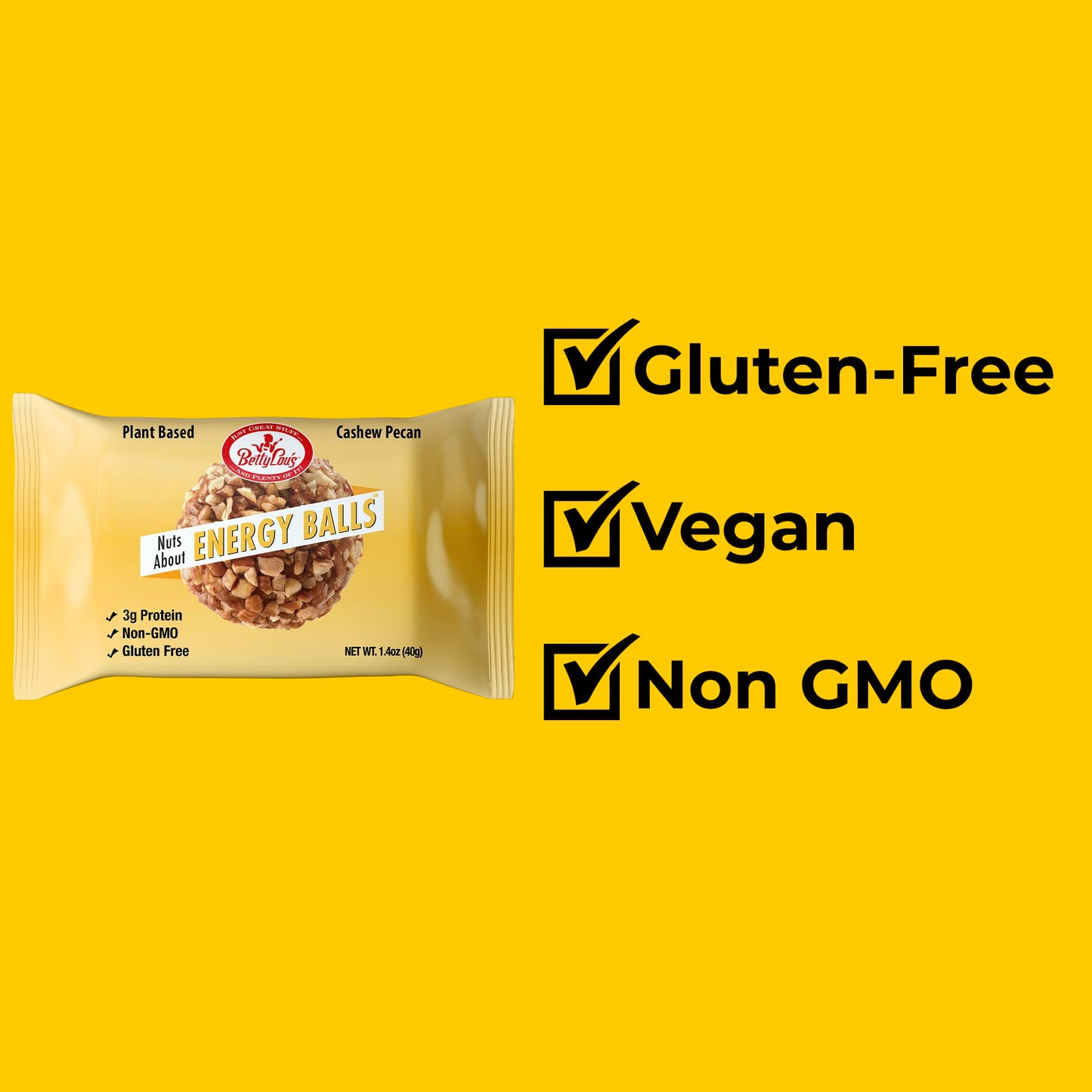 Betty Lou's Cashew Pecan Energy Balls, Healthy Vegan Energy Bites, Non GMO, High Fiber, No Refined Sugars, Gluten Free Dairy Free Snacks, Individually
