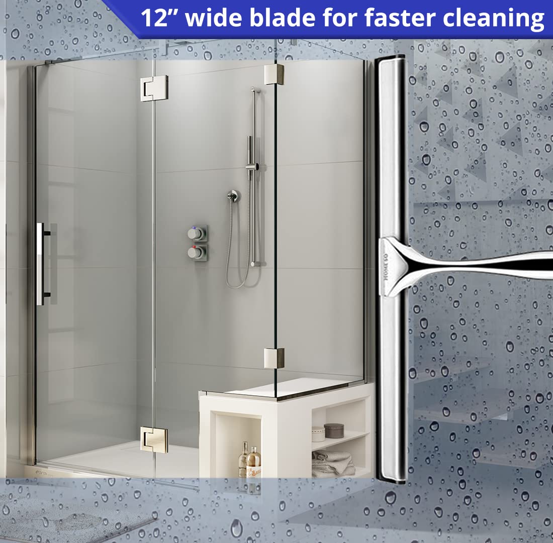 HOME SO Shower Squeegee for Glass Doors - Stainless Steel Squeegee with Adhesive Hooks - Window, Floor & Car Squeegee, Multi-Purpose Bathroom, Mirror