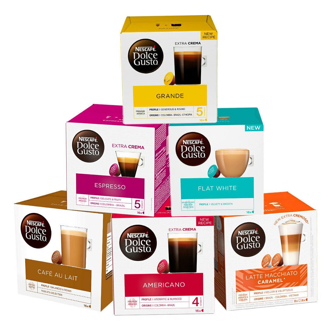 Nescafe Dolce Gusto Coffee, Tea, Chocolate Pods. Pick Any 5 Packs from 40+ Blends Inc: Decaf, Caramel, Cappuccino, Latte, Mocha, Espresso, Skinny