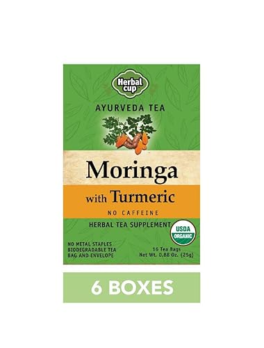 Herbal Cup Ayurveda Moringa Tea, Organic Turmeric, No Caffeine Herbal Teas (Organic Moringa Turmeric, 16 Count (Pack of 6)