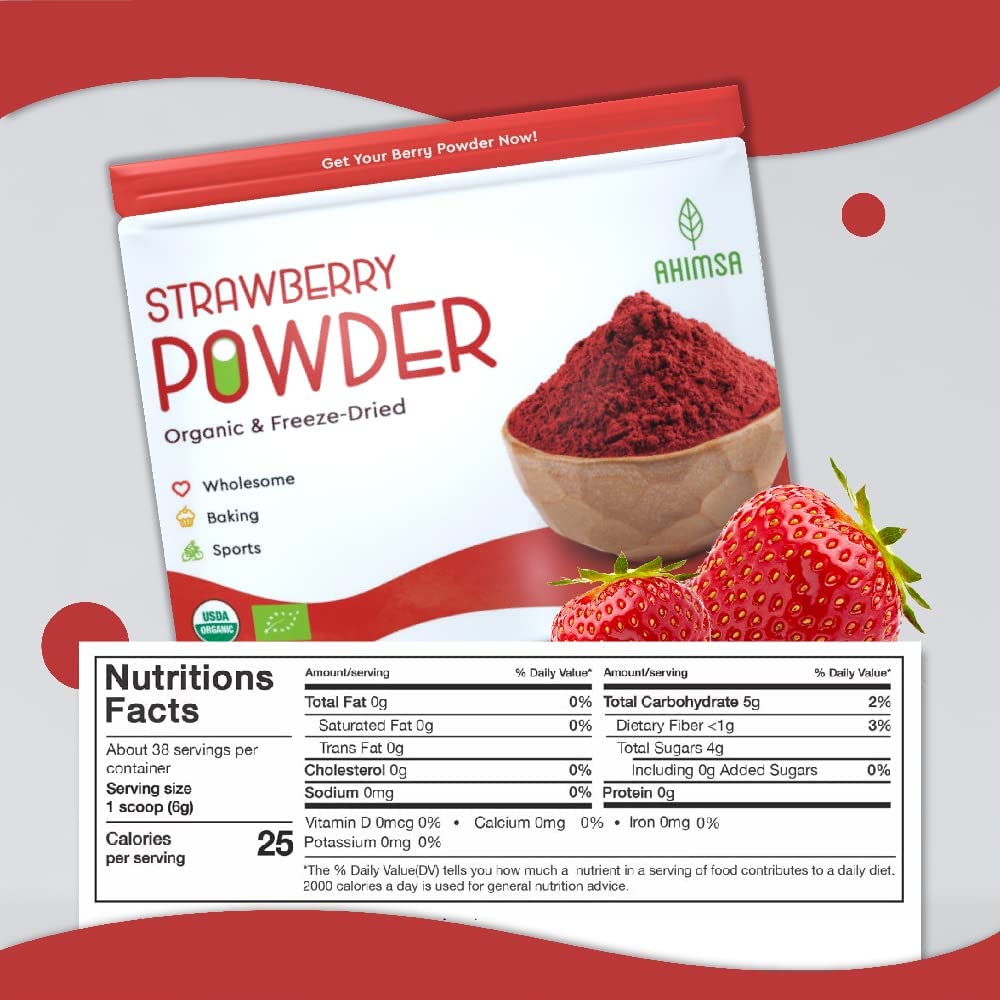 Organic Freeze Dried Strawberry Powder 8 oz | USDA Certified | Vegan Vitamin Food | Natural Organic Fruit Powder