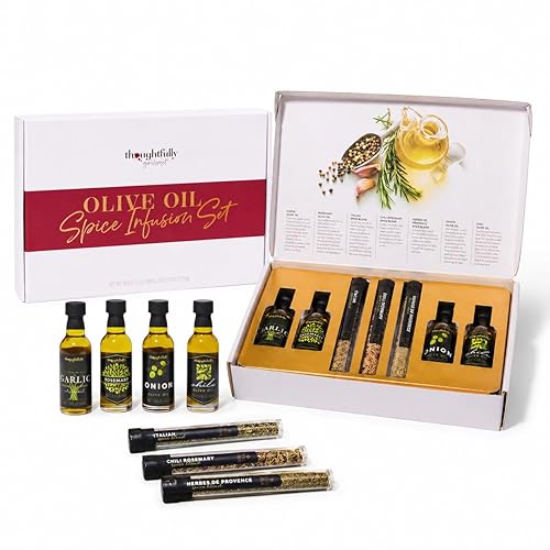 Thoughtfully Gourmet, Olive Oil Spice Infusion Gift Set, Premium Cold Pressed Extra-Virgin Olive Oil from Spain, Includes 4 Flavored Olive Oils and 3 Flavorful Spice Infusion Blends, Set of 7