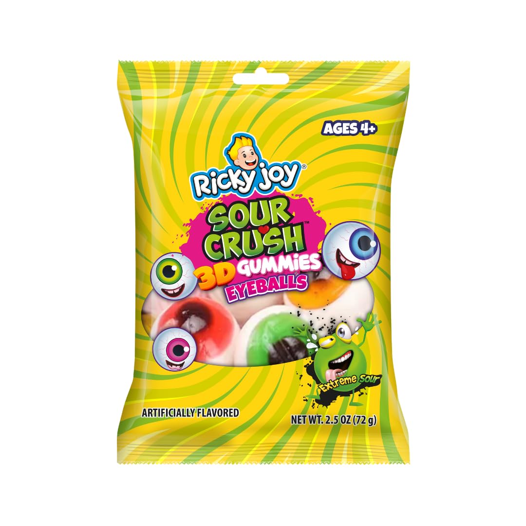 Ricky Joy® 3D™ Gummies - Pack of 12 Bags - 3D Assorted - Eyeballs - Ducks - Planet - 2.5 OZ each - Liquid Center Snack (Assorted bundle)