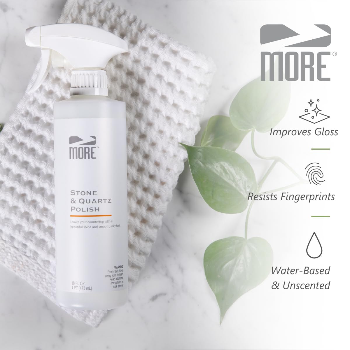 MORE - Stone & Quartz Polish - For Granite, Marble, & Natural Stone Countertops - Spray & Wipe Streak-Free - Water-Based Formula - Marble & Granite
