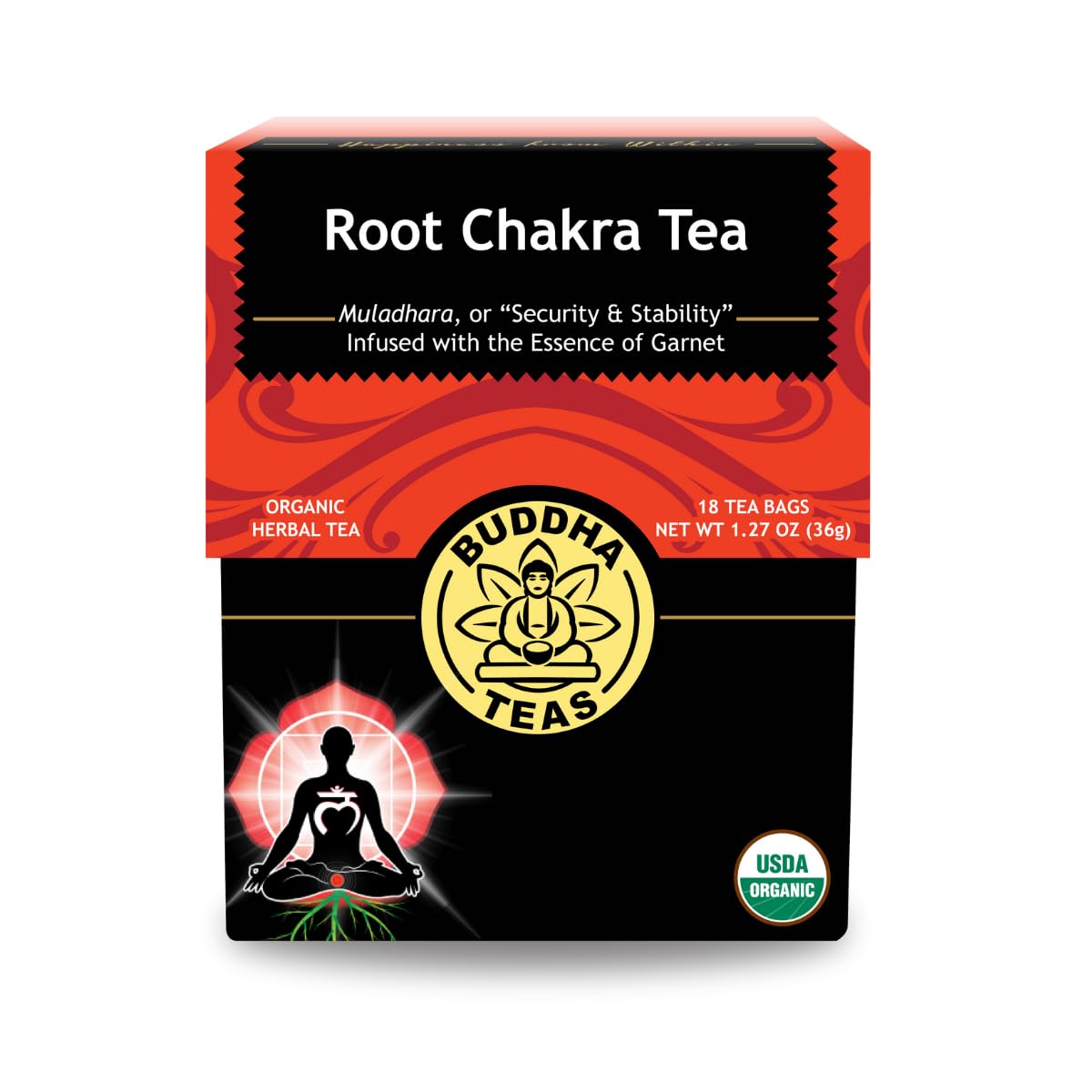 Buddha Teas - Root Chakra Tea - Organic Herbal Tea - For Security & Stability - With Ashwagandha Root, Raspberry Leaf, Cloves & Garnet Essence - 100%