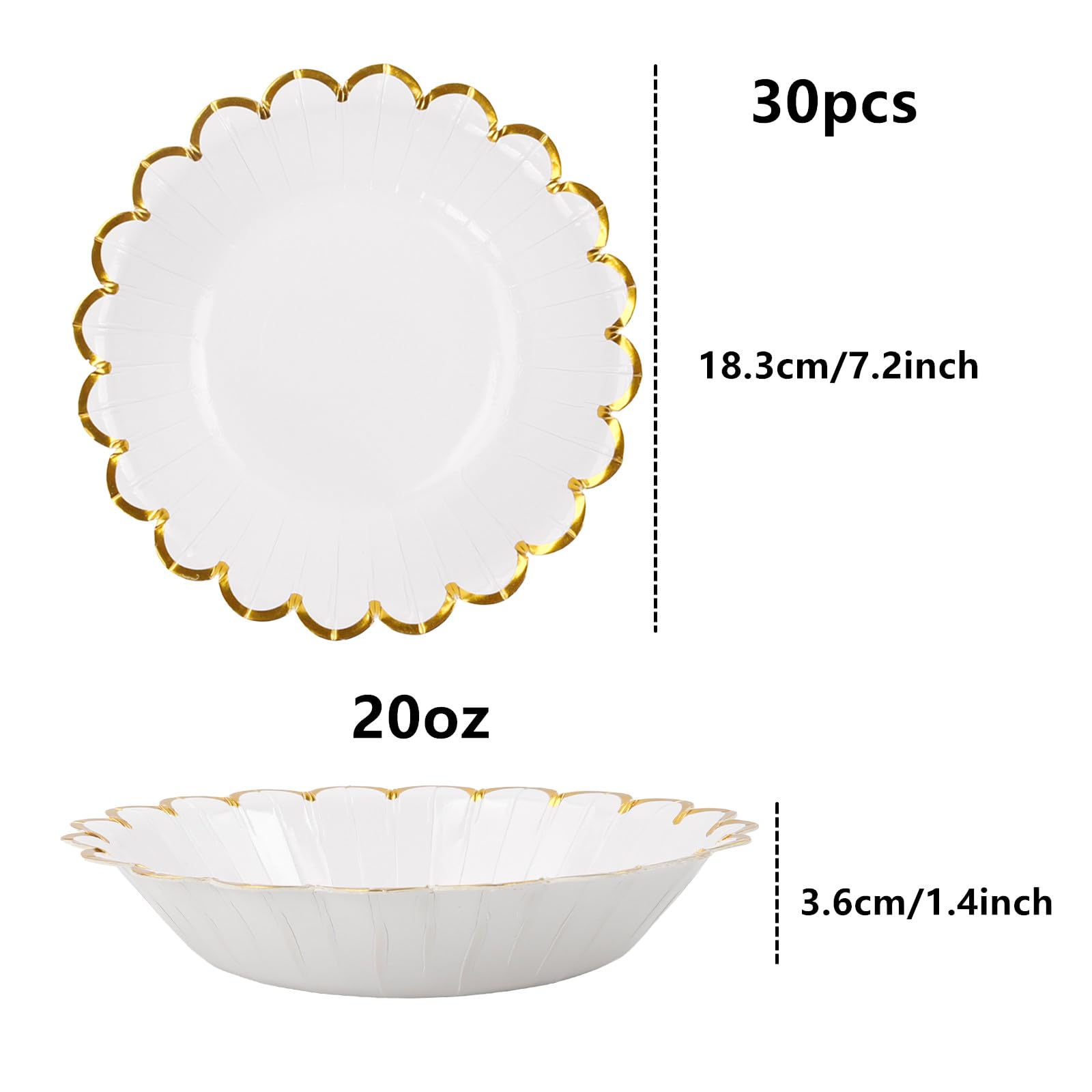 Geeklife Gold White Disposable Paper Bowls with Foil Scalloped Border,20oz Party Serving Bowls for Daily Meal Soup Morning Cereal For Wedding,Birthday
