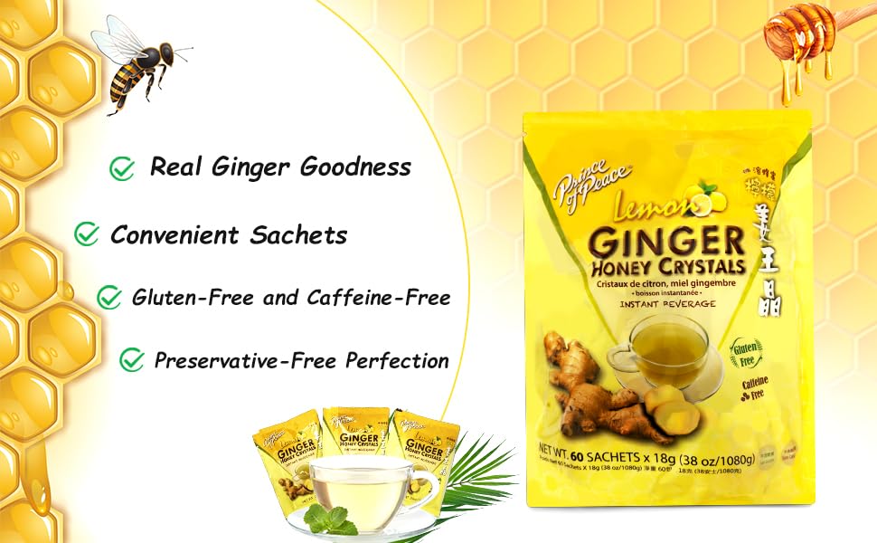 Prince of Peace Instant Ginger Honey Crystals with Lemon, 60 Sachets - Instant Hot or Cold Beverage - Easy to Brew - Drink Like a Tea - Caffeine