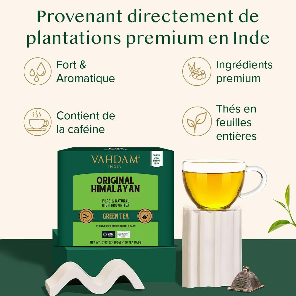 VAHDAM, Organic Himalayan Green Tea (100 Count) High Grown, Non GMO, Gluten Free, Low Caffeine | Earthy & Smooth | Resealable & Plant-Based Pyramid