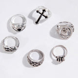 Cross skull ring set of six, eye eagle men's ring set