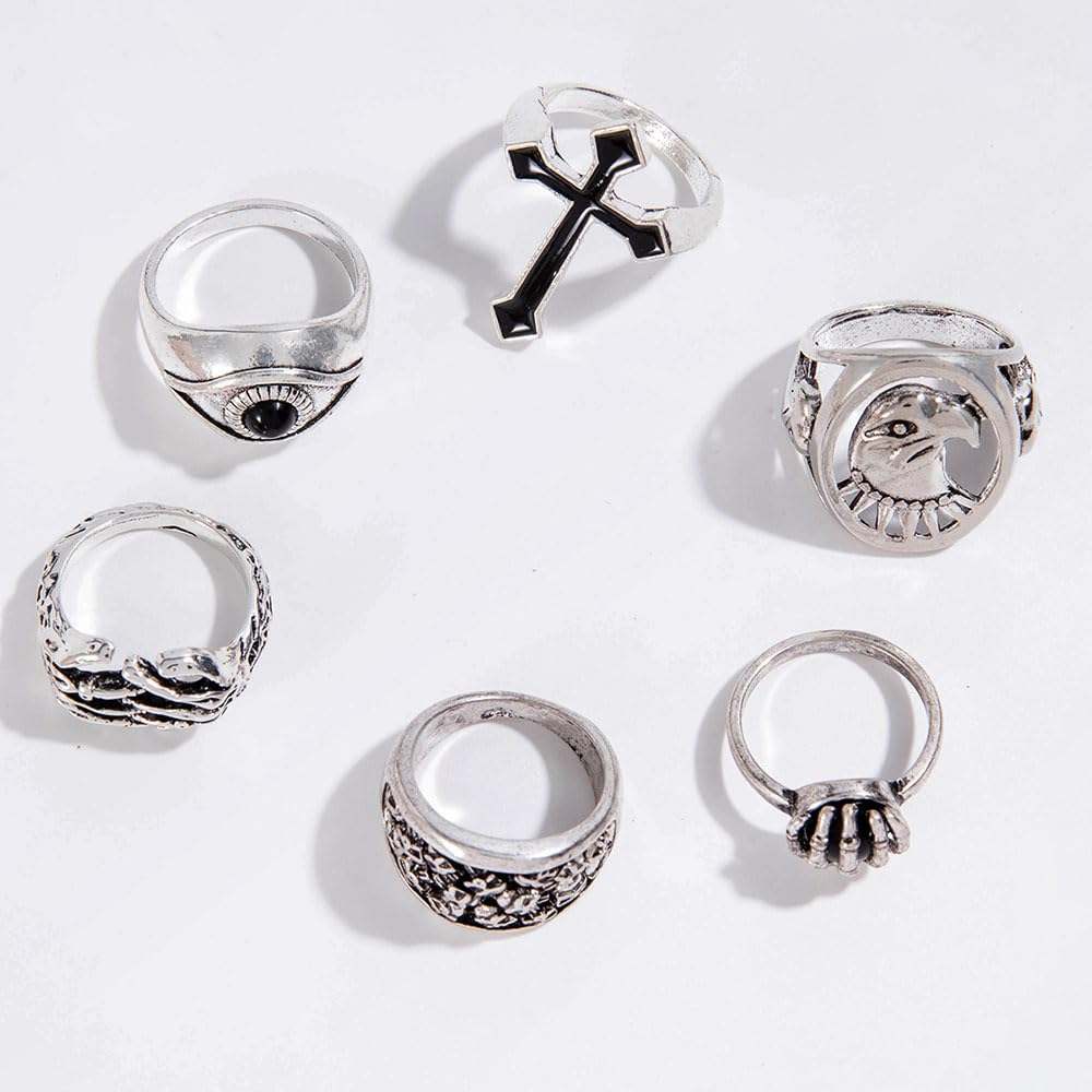 Cross skull ring set of six, eye eagle men's ring set