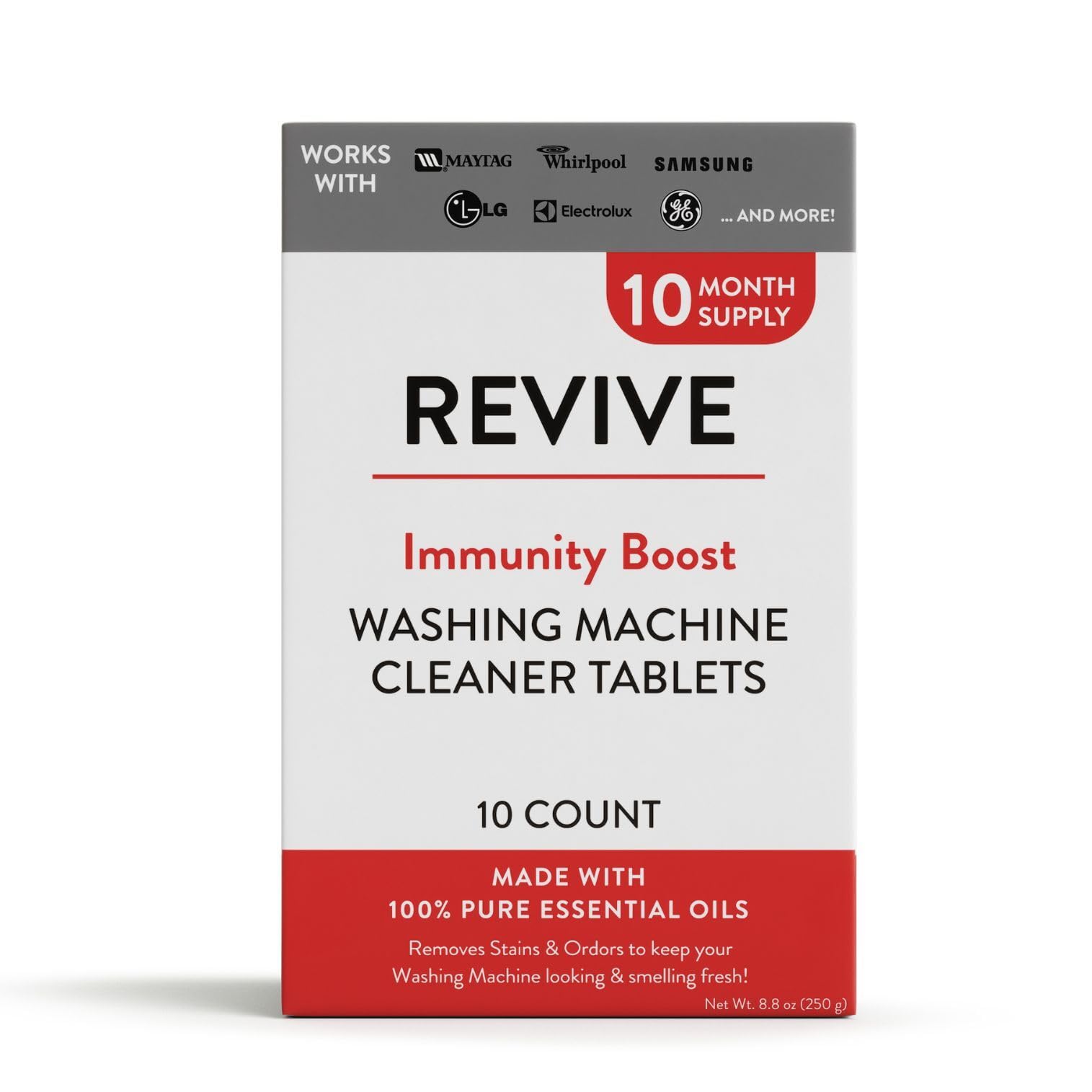 Immunity Boost Washing Machine Cleaner Tablets 10ct by Revive Essential Oils - 10 Month Supply, Synthetic Fragrance Free, Stain & Odor Fighting