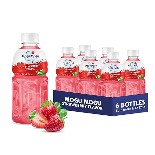 Mogu Mogu Strawberry Juice Drink with Nata de Coco (Coconut Jelly) - Chewy Fruit Beverage for Kids & Adults, 6 Pack Bottles, 10.82 fl oz Each