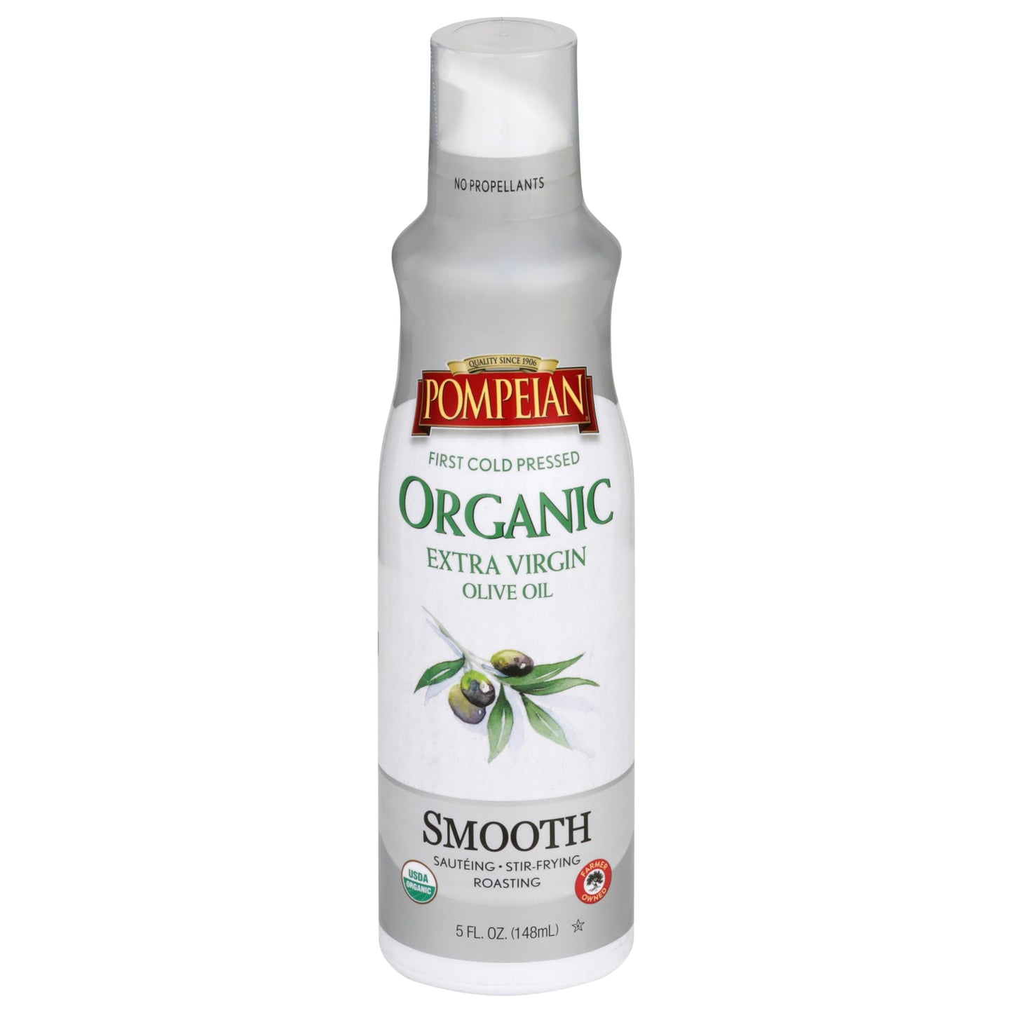 Pompeian USDA Certified Organic Smooth Extra Virgin Olive Oil Non-Stick Cooking Spray, First Cold Pressed, Delicate Flavor, Perfect for Sauteing & Stir-Frying, No Propellants, 5 FL. OZ., Single Bottle