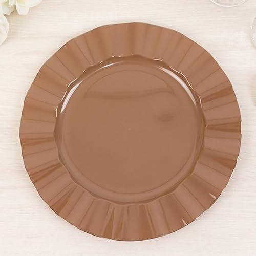 TCF Linen 11" Dinner Plates -Set of 30 - Plastic Coffee Brown Round Disposable Chargers With Gold Ruffled Rim, Ideal for Dinner Party Wedding Bulk