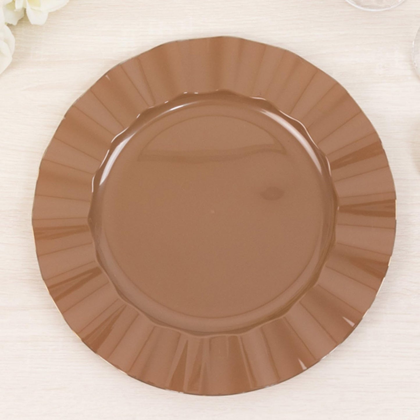 TCF Linen 11" Dinner Plates -Set of 30 - Plastic Coffee Brown Round Disposable Chargers With Gold Ruffled Rim, Ideal for Dinner Party Wedding Bulk