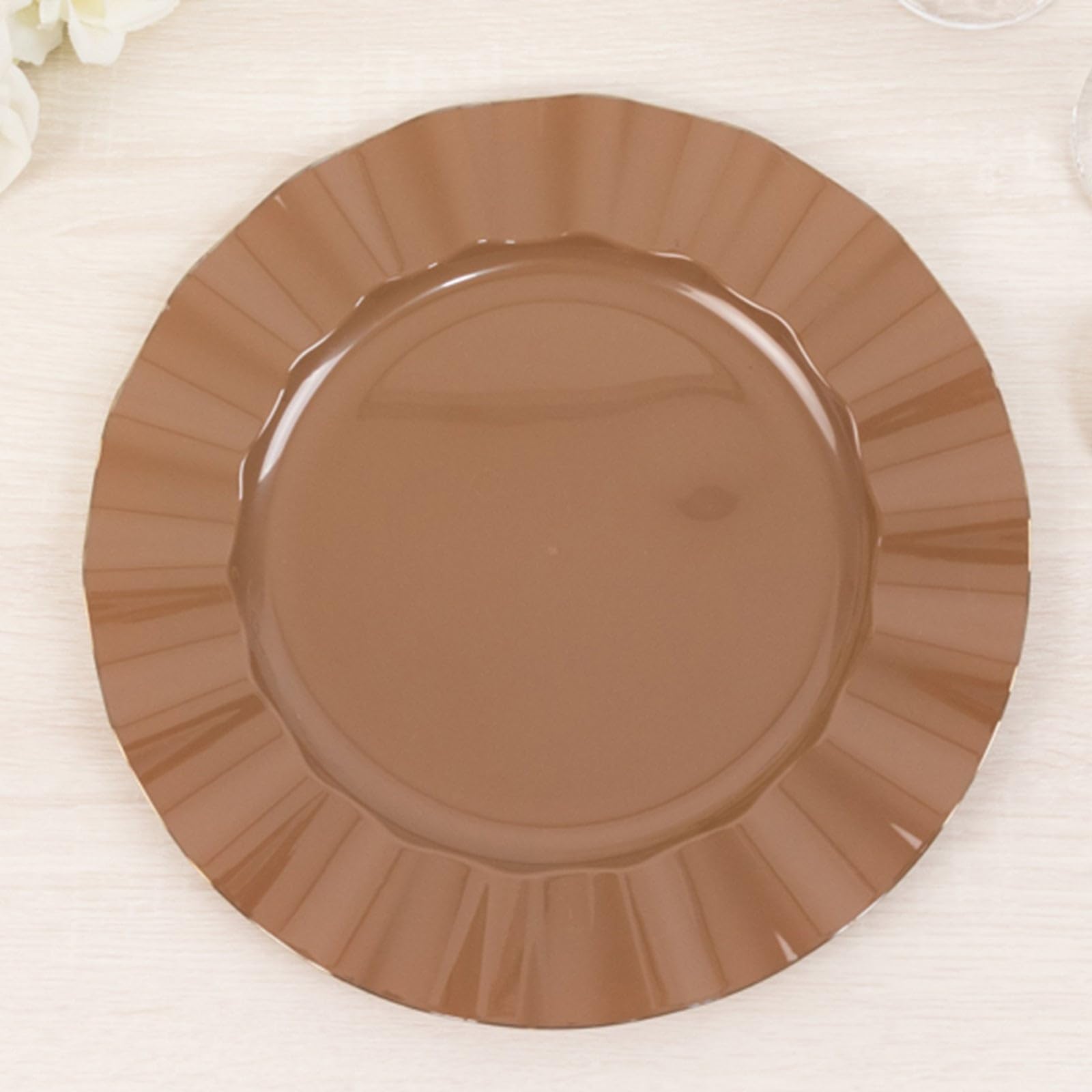 TCF Linen 11" Dinner Plates -Set of 30 - Plastic Coffee Brown Round Disposable Chargers With Gold Ruffled Rim, Ideal for Dinner Party Wedding Bulk