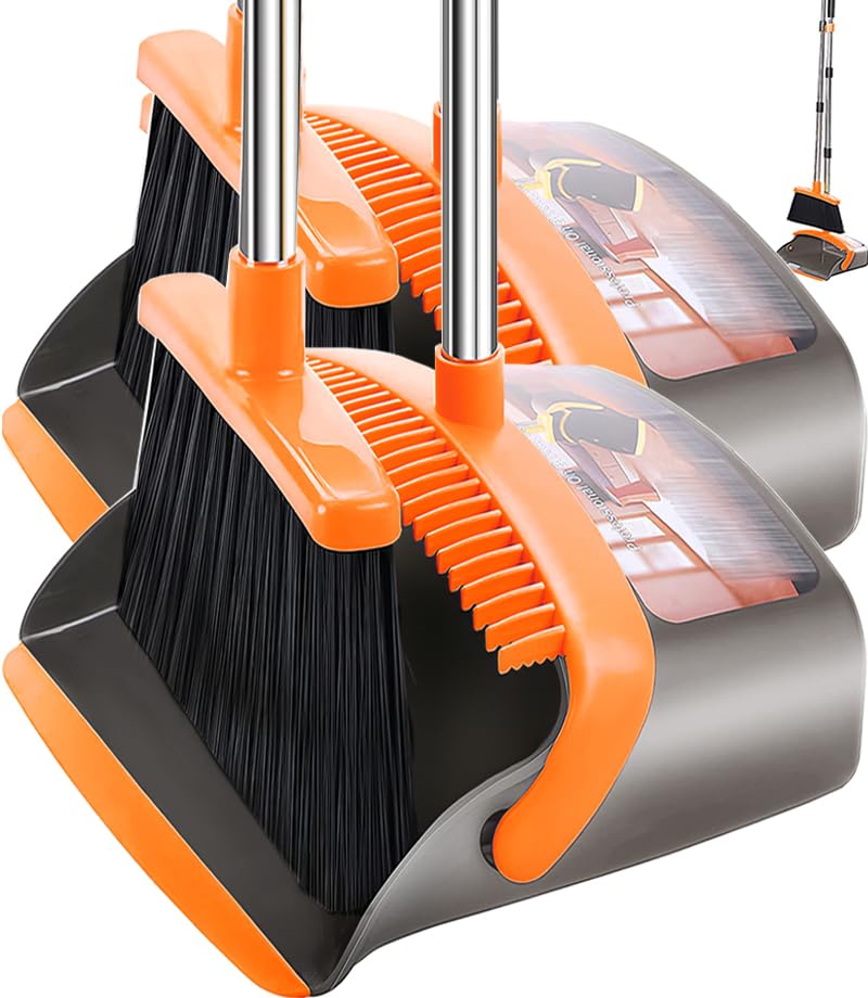 2-Pack is More economical,Upgraded Broom and Dustpan,with 52" Long Handle, Dustpan Teeth with self-Cleaning Function, Indoor and Outdoor Sweeping