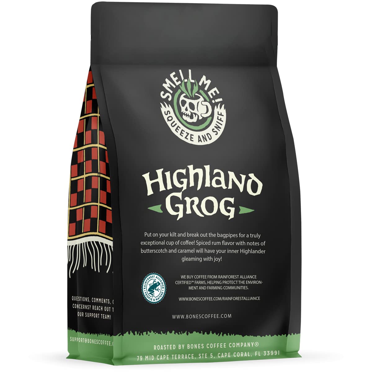 Bones Coffee Company Highland Grog, Butterscotch Caramel Flavored Coffee, Medium Roast Low Acid Arabica Beans Compatible with Auto drip and French