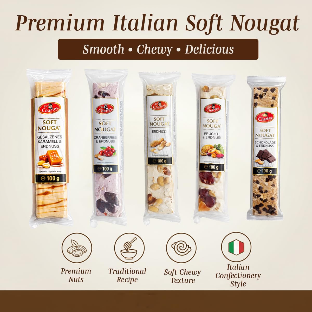 Sir Charles Soft Nougat Bars With Soft & Chewy Texture- Italian Nougat Candy with Nuts & Fruits For Snack Trays, Dessert Platters & Sweet Sharing
