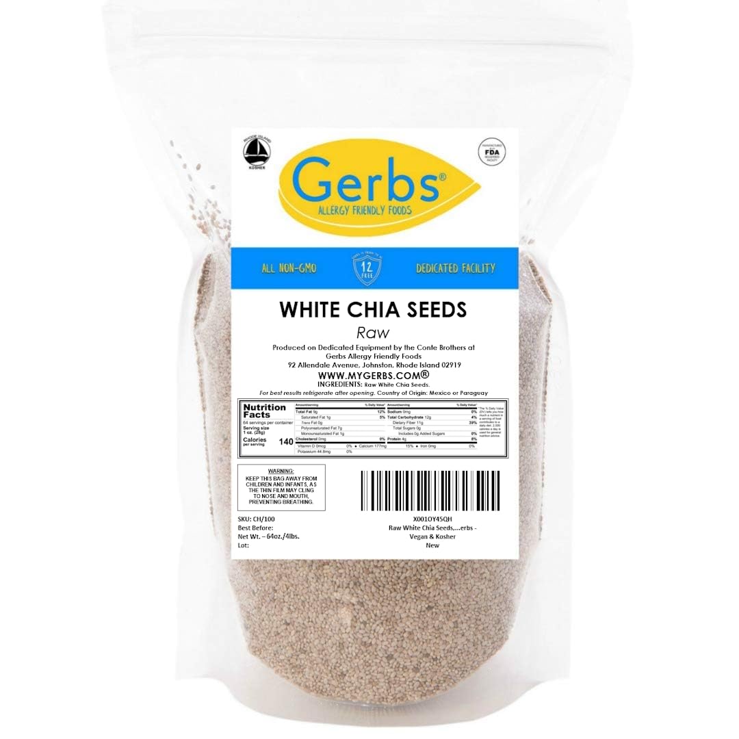 Gerbs Raw White Chia Seeds 4 lbs. | Small-Batch Packed in Resealable Bag, No Artificial Additives | Mildly Nutty Flavor, Ideal for Yogurt, Oatmeal