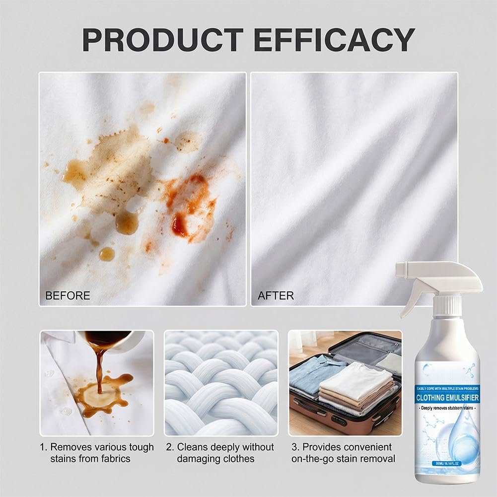 Prndkhn 10 Fl Oz Clothing Emulsifier, Fly Cloth Cleanse Clothing Emulsifier Stain Remover, Spot Cleaner for Clothes, No Damage Fabric Spot, Fabric