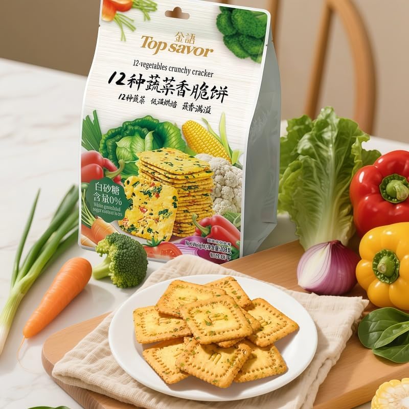 12-Vegetable Crunchy Crackers, Sesame Biscuits, 208g, Individually Wrapped Snacks
