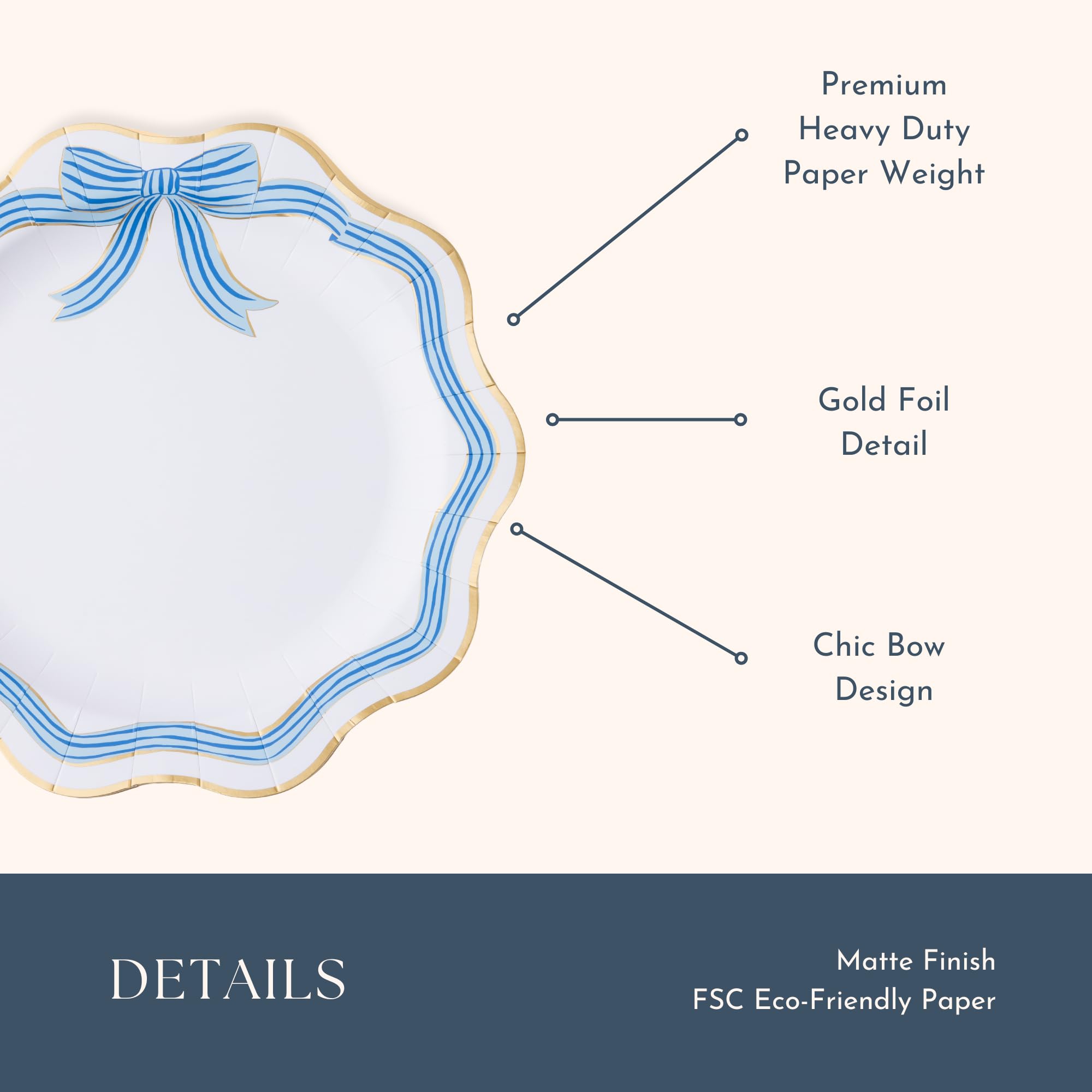 Bonjour Fête Blue & Gold Bow Paper Party Dinner Plates | Premium Paper Party Supplies |Gold Foil | Bridal & Baby Showers, Mother’s Day, Easter Brunch