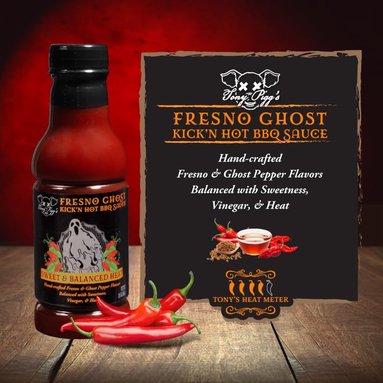 Tony Piggs Hot BBQ Sauce Fresno Ghost Flavor (19oz)- Great Condiment Topping for Wings, Ribs & Burgers at Parties - Barbecue Sauce w Hot Sauce Heat