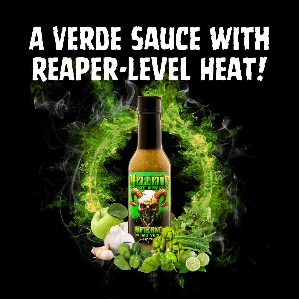 Hellfire Hot Sauce Infierno De Ajo Verde - Garlic Salsa Verde Gourmet Hot Sauce With Green Carolina Reaper Peppers, 5 oz.