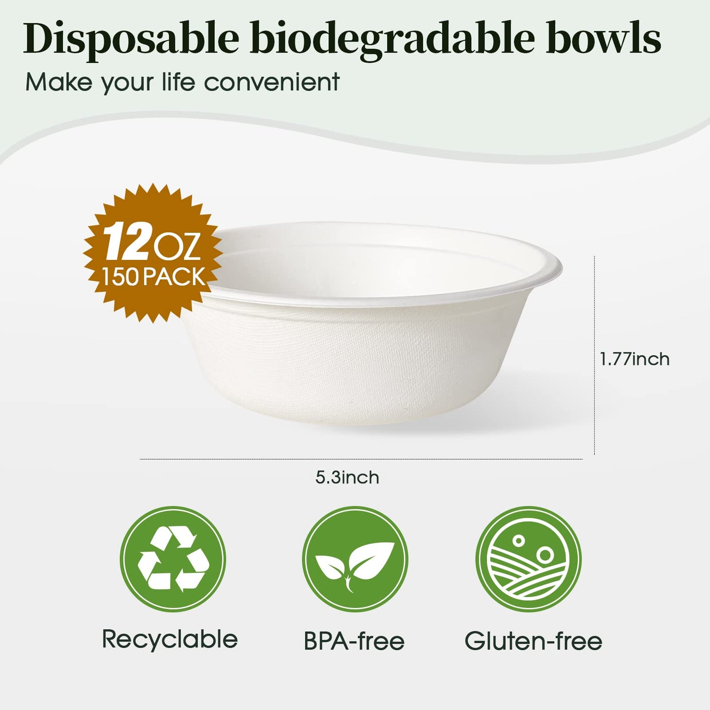 ECOLipak 150 Pack 12 oz Paper Bowls Disposable, Heavy-Duty Biodegradable Compostable Bowls Made of Natural Sugarcane Bagasse, Suitable for Salad