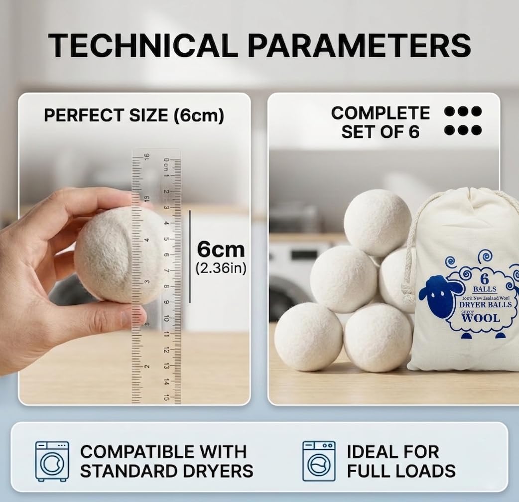 XL Wool Dryer Balls (6-Pack) - 100% Organic New Zealand Wool Laundry Balls for Dryer - Natural Fabric Softener & Reusable Anti Static Solution
