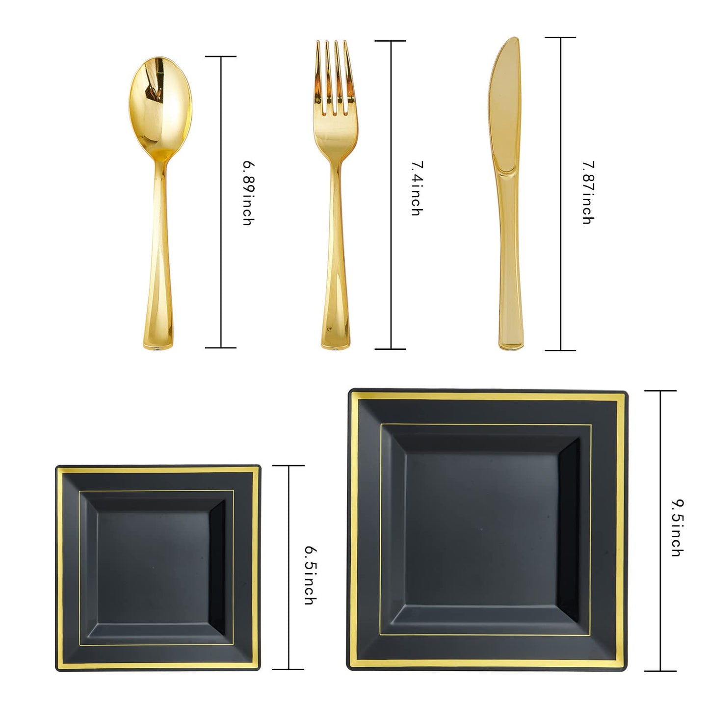JOLLY CHEF 125 Count Square Black Gold Plastic Plates, Including 25 Disposable Dinner, 25 Dessert, 25 Knives, 25 Forks and 25 Spoons, Plastic Dinner