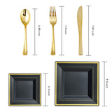 JOLLY CHEF 125 Count Square Black Gold Plastic Plates, Including 25 Disposable Dinner, 25 Dessert, 25 Knives, 25 Forks and 25 Spoons, Plastic Dinner