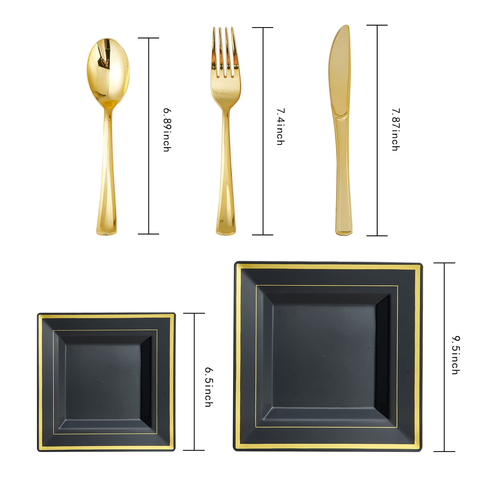 JOLLY CHEF 125 Count Square Black Gold Plastic Plates, Including 25 Disposable Dinner, 25 Dessert, 25 Knives, 25 Forks and 25 Spoons, Plastic Dinner