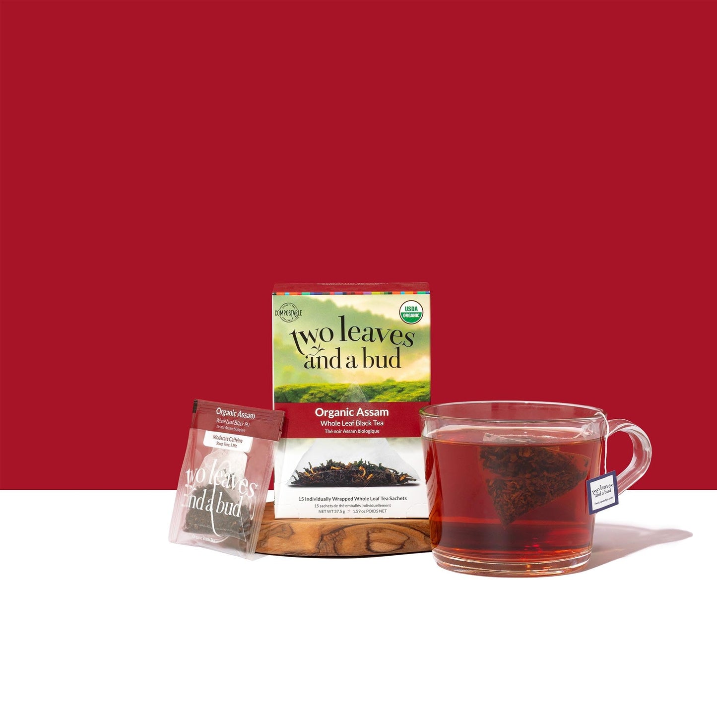 Two Leaves and a Bud Organic Assam Black Tea Bags, Whole Leaf Caffeinated Black Tea in Pyramid Sachets, 15 Count (Pack of 1)