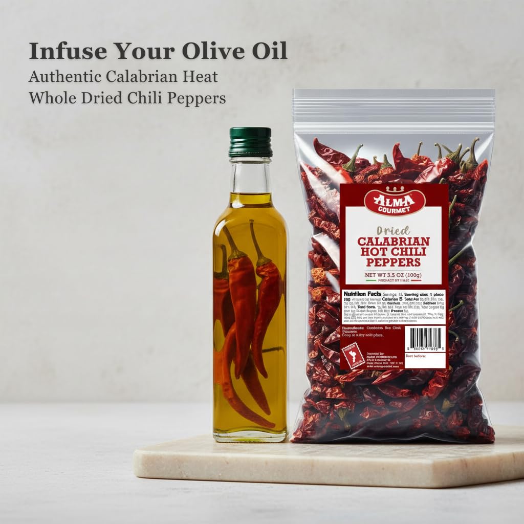 Alma Gourmet Whole Dried Calabrian Red Hot Chili Peppers - Peperoncino Secco Calabrese, Authentic Italian Spicy Peppers, Imported from Italy - 100