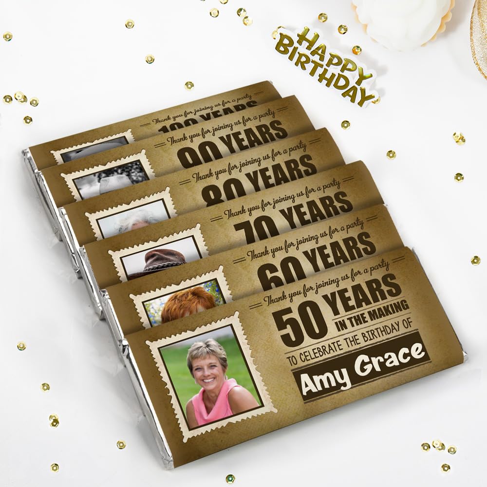 25 Pack Personalized Adult Birthday Candy Bar Wrappers - Candy Not Included