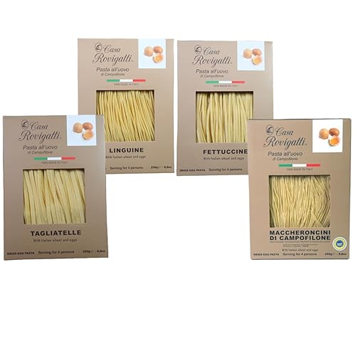 Casa Rovigatti Italian Egg Pasta Variety Pack, Linguine, Fettuccine, Tagliatelle, Maccheroncini, Made in Italy, 8.8 oz Each, 4 Count