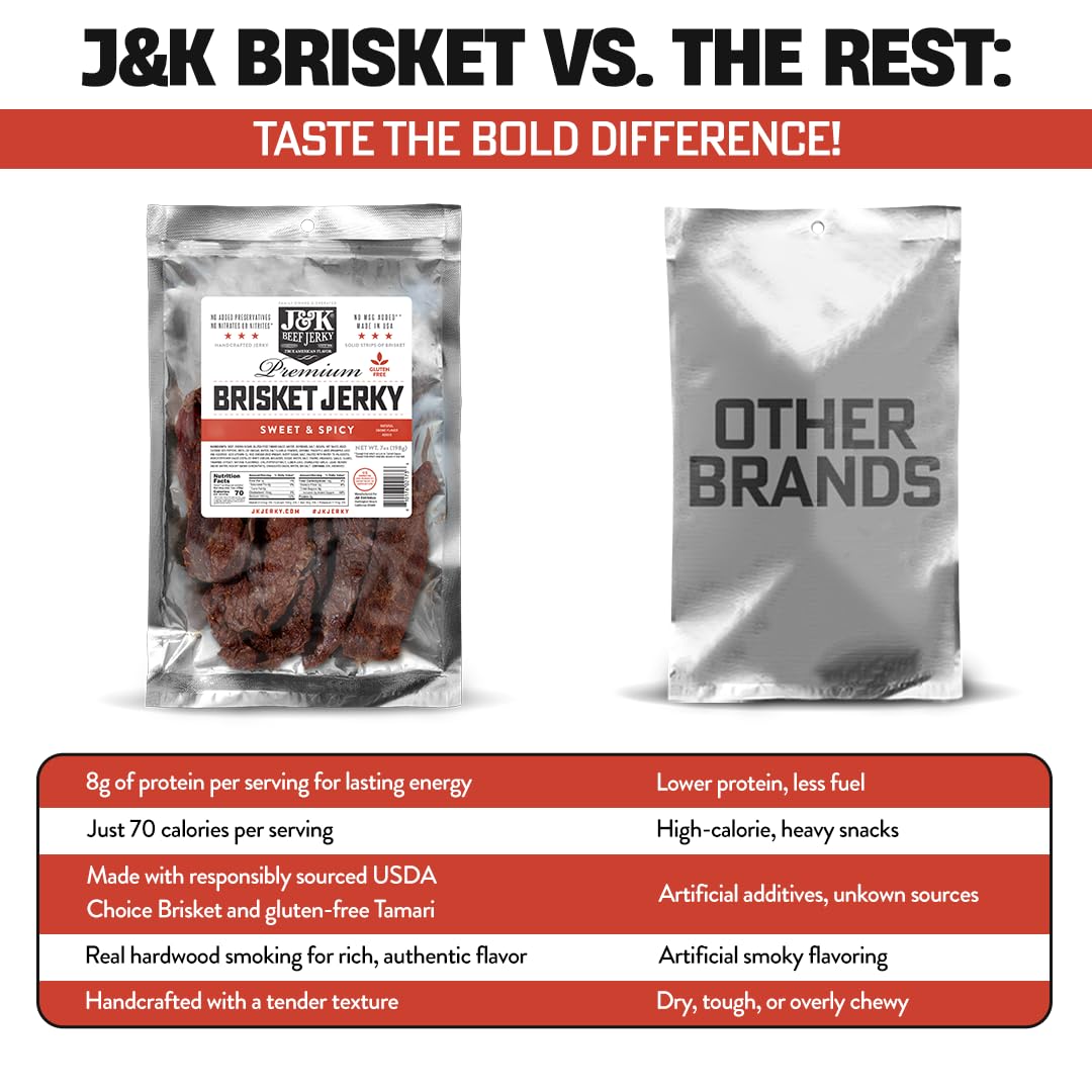 J&K Jerky Sweet & Spicy Brisket, Hand Crafted Small Batch American Made Slab Jerky - Soft & Tender - 7oz Big Bag of Jerky's