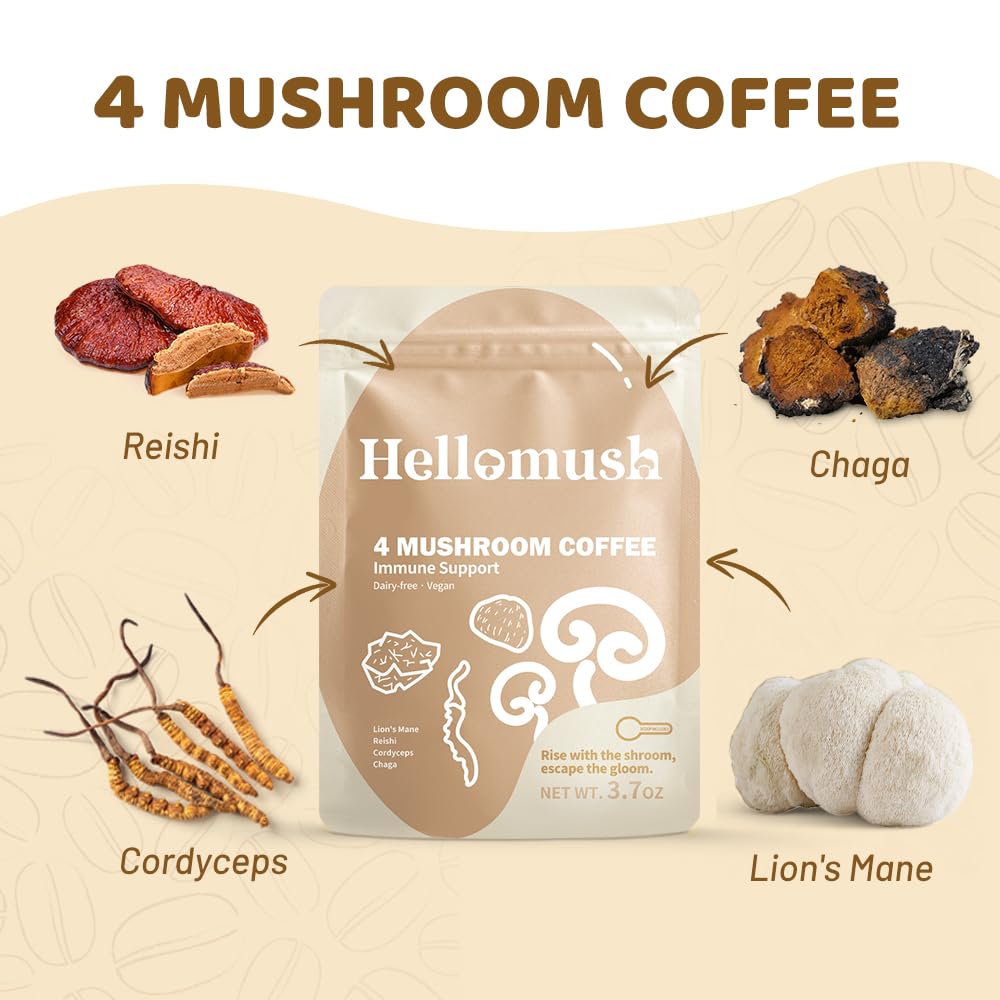 Hellomush Organic Instant Mushroom Coffee with Lions Mane, Reishi, Chaga and Cordyceps Coffee 30 Servings 3.7 oz