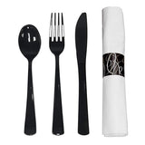 Party Essentials Party Supplies Wrapped Silverware Set Disposable, Pre Rolled Napkin and Cutlery, Spoons/Forks/Knives Black, 50 Units