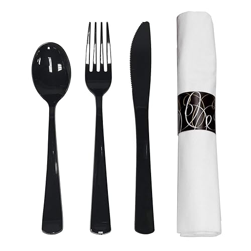Party Essentials Party Supplies Wrapped Silverware Set Disposable, Pre Rolled Napkin and Cutlery, Spoons/Forks/Knives Black, 50 Units