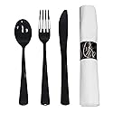 Party Essentials Party Supplies Wrapped Silverware Set Disposable, Pre Rolled Napkin and Cutlery, Spoons/Forks/Knives Black, 50 Units