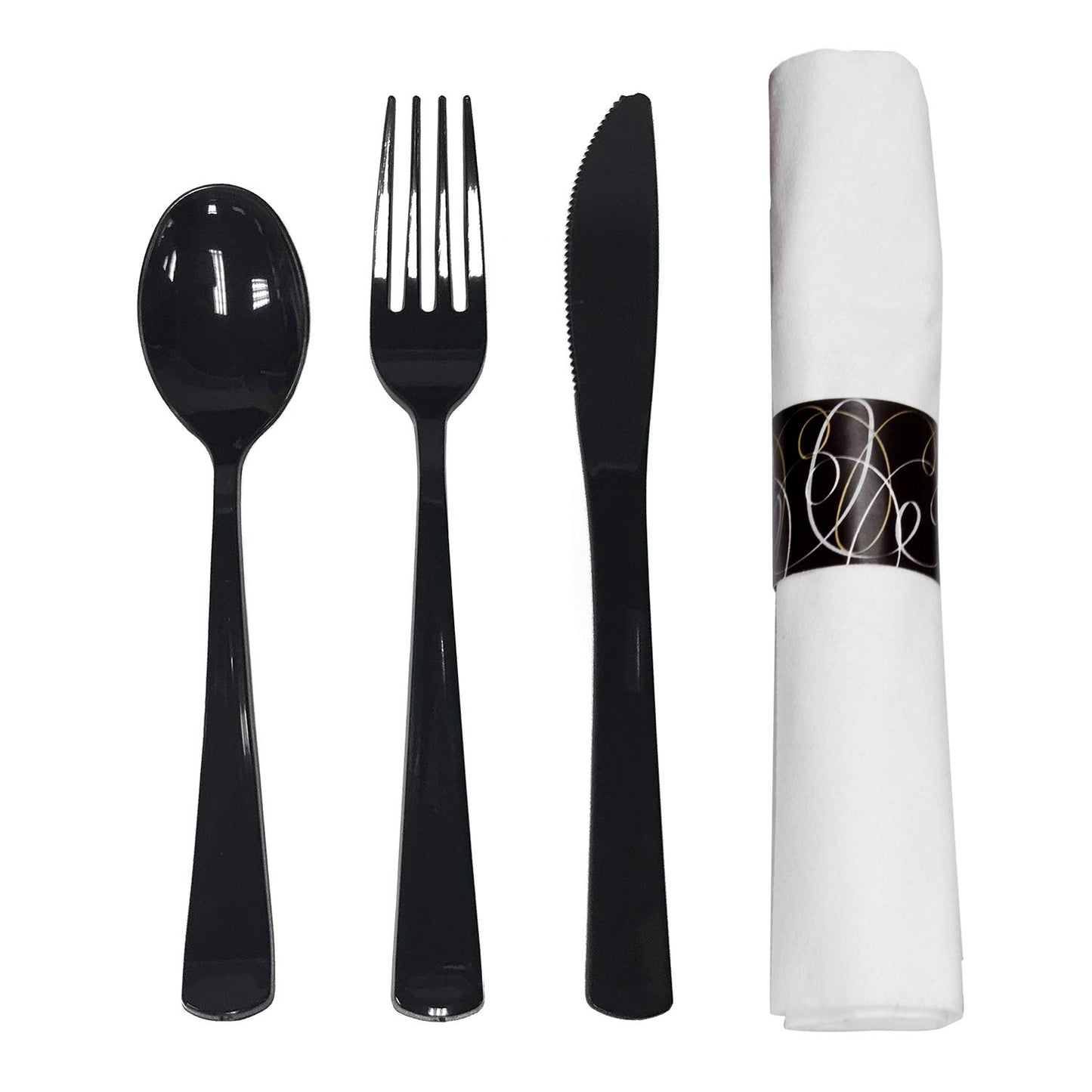 Party Essentials Party Supplies Wrapped Silverware Set Disposable, Pre Rolled Napkin and Cutlery, Spoons/Forks/Knives Black, 50 Units
