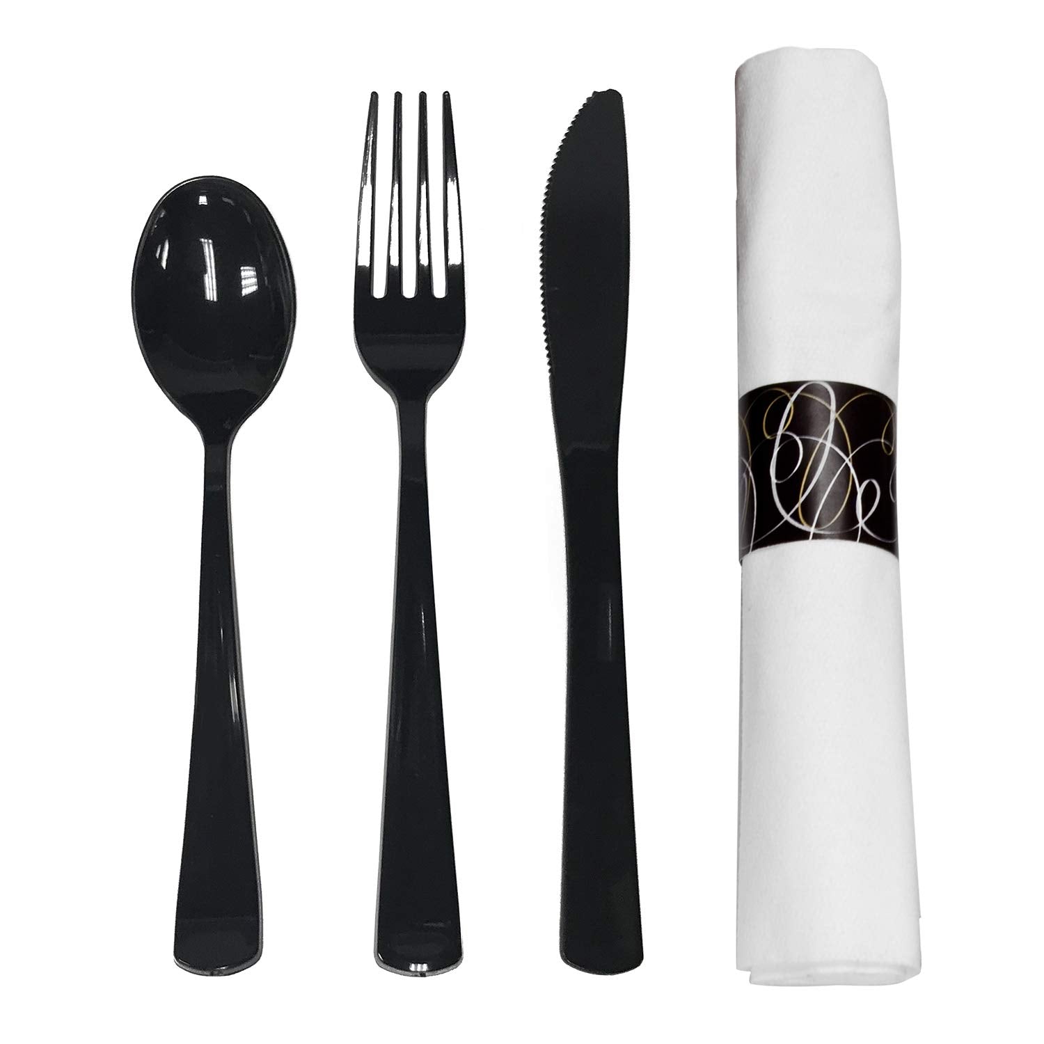 Party Essentials Party Supplies Wrapped Silverware Set Disposable, Pre Rolled Napkin and Cutlery, Spoons/Forks/Knives Black, 50 Units
