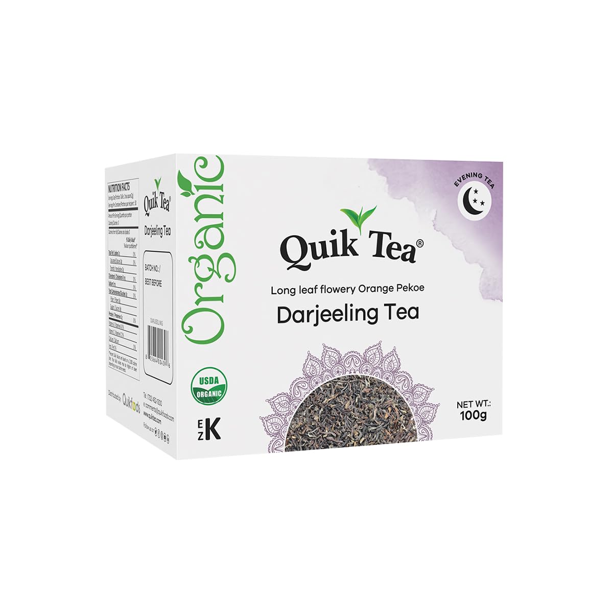 QuikTea Organic Darjeeling Tea | Long Leaf, Single Box 3.52 oz (100 Grams) | All-Natural, certified Organic, Fragrant Long Leaf tea from Darjeeling