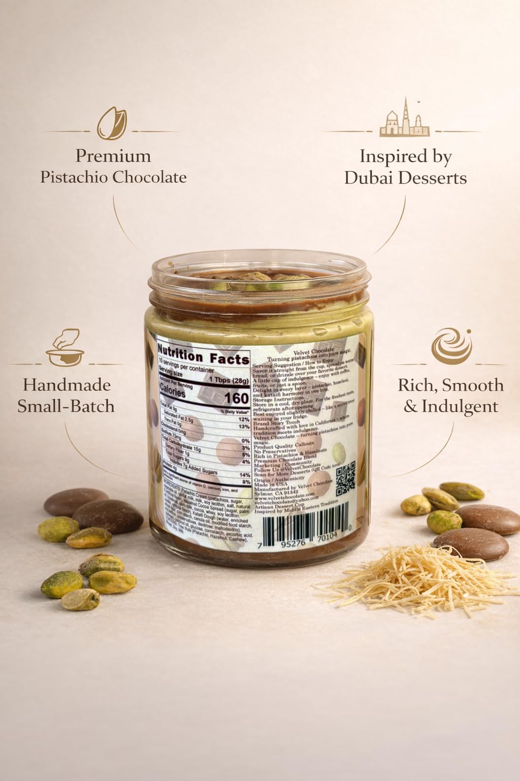 Velvet Chocolate Jarwin Dubai Dessert Jar - Pistachio Cream with Kunafa & Chocolate Hazelnut Layers, 10oz | Handmade Luxury Middle Eastern Sweet